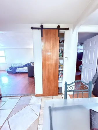 a living room with furniture and a shower