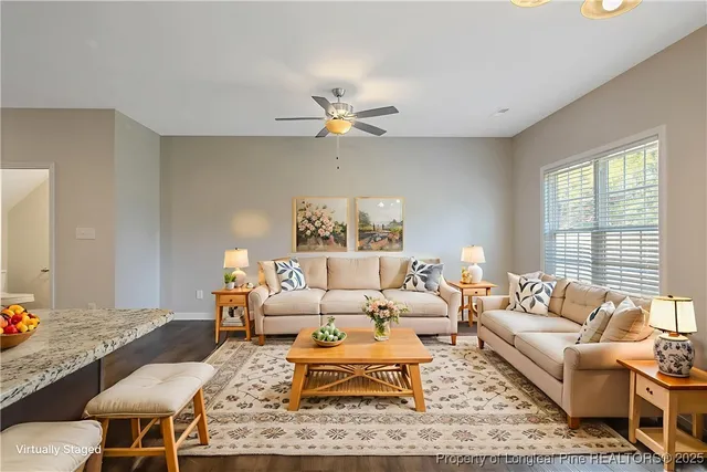 a living room with furniture ceiling fan and a rug