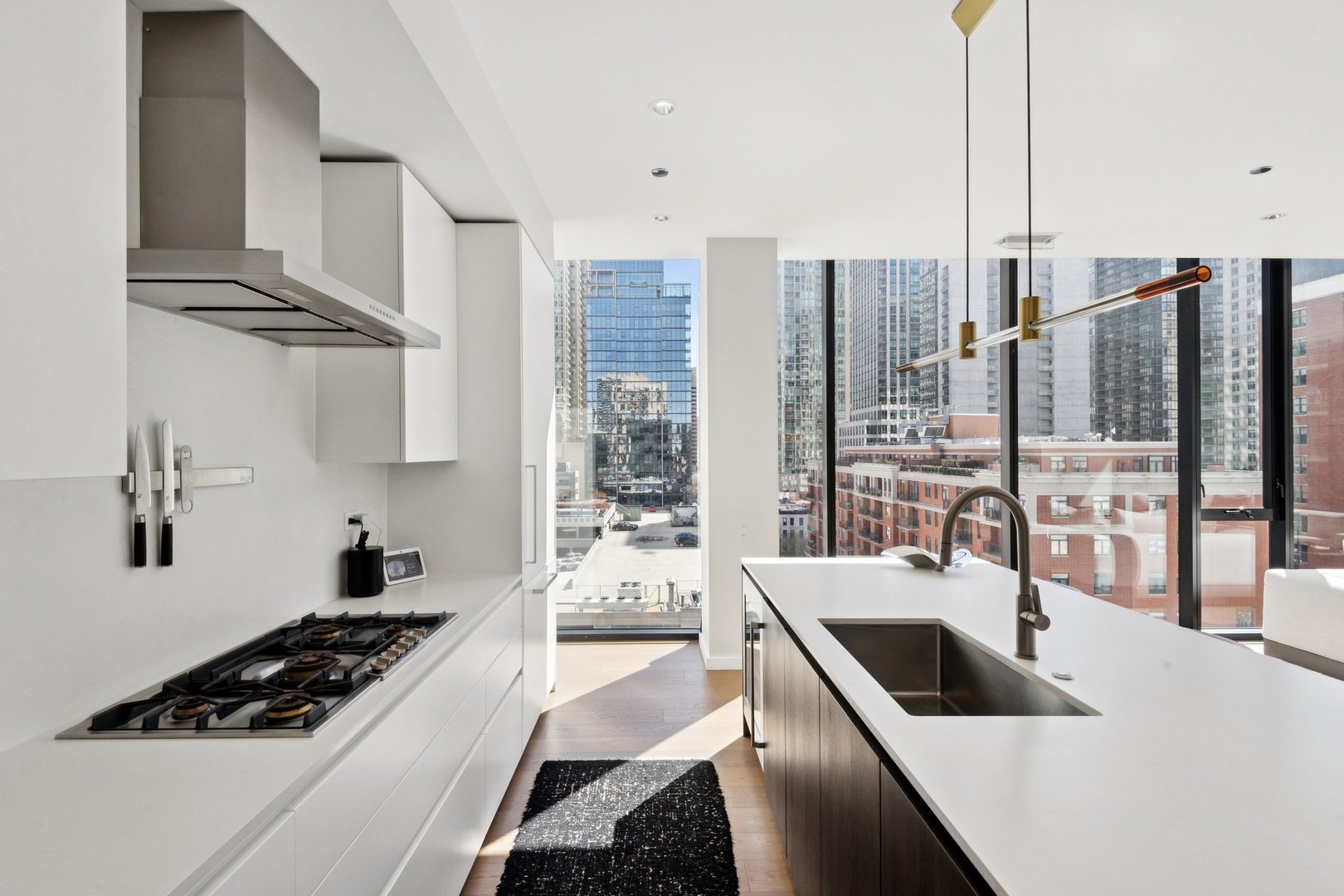 56 West Huron Street, Unit 9 Chicago, IL 60654 - Photo 11 of 38 a kitchen with stainless steel appliances a sink a stove and a wooden floor