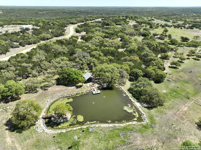 an aerial view of residential houses with outdoor space and trees