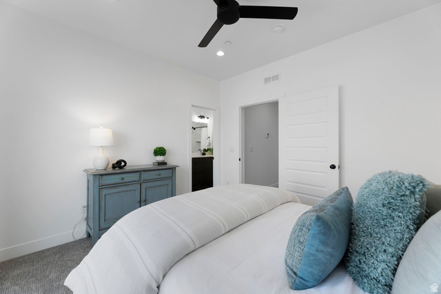 14392 South Champ Cove Draper, UT 84020 - Photo 14 of 31 Bedroom with a ceiling fan, carpet flooring, ensuite bath, and recessed lighting