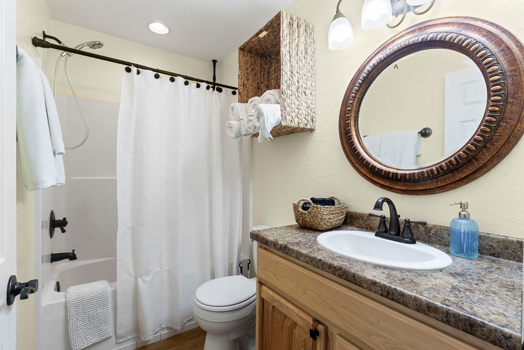 204 Hiawassee River Road Murphy, NC 28906 - Photo 15 of 79 a bathroom with a granite countertop sink a mirror and a toilet