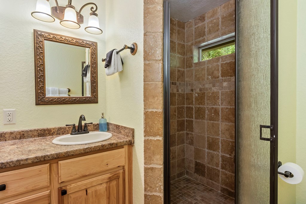204 Hiawassee River Road Murphy, NC 28906 - Photo 54 of 79 a bathroom with a granite countertop sink a mirror and shower