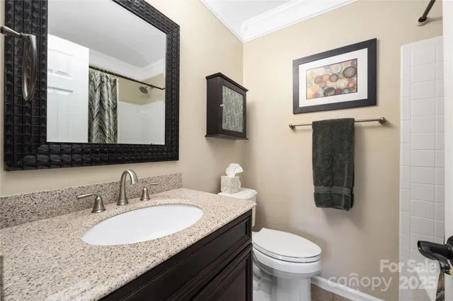 a bathroom with a granite countertop toilet a sink and mirror