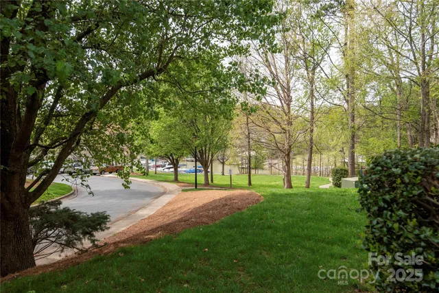 a big yard with trees in front of it