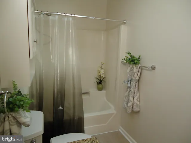 a bathroom with a shower curtain and a toilet