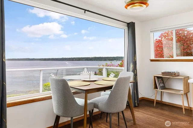 a view of a dining room with furniture window and outside view