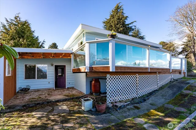 a view of a lake with a terrace