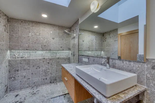 a bathroom with a sink a mirror and a shower