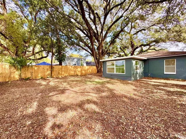 a view of a yard with a house and a large tree