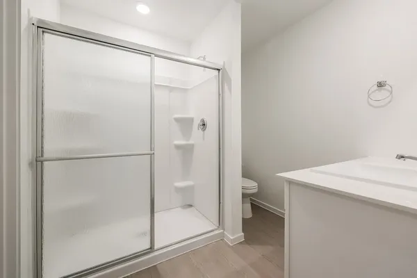 a bathroom with a shower and toilet