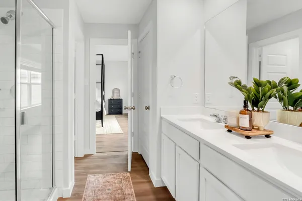 a bathroom with a sink a potted plant and a mirror