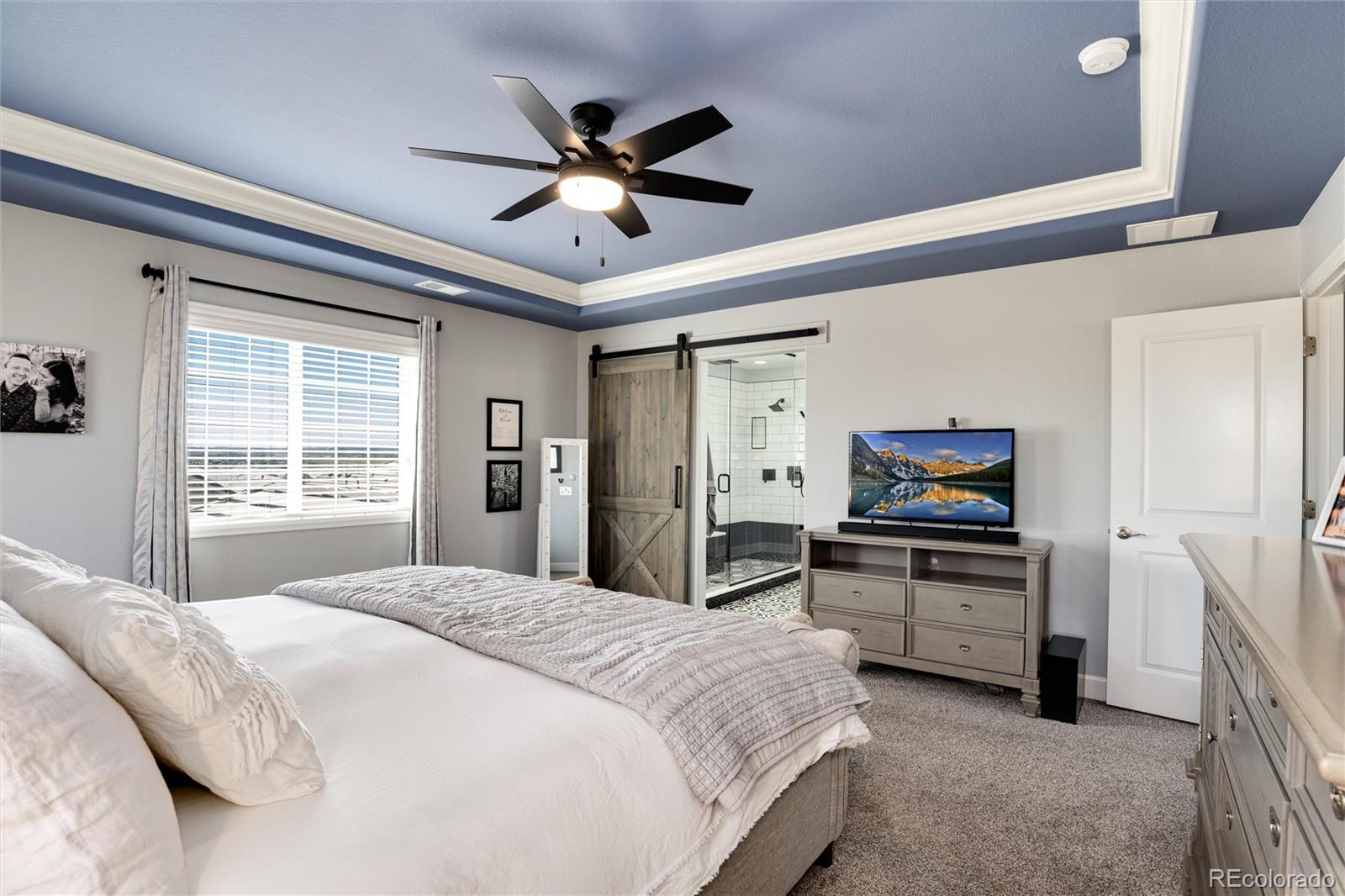 14390 Double Dutch Loop Parker, CO 80134 - Photo 27 of 50 a bedroom with a bed and a flat screen tv