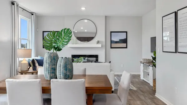 a living room with furniture a potted plant and a fireplace