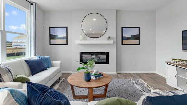 a living room with furniture a fireplace and a potted plant