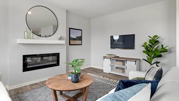 a living room with furniture a potted plant and a fireplace