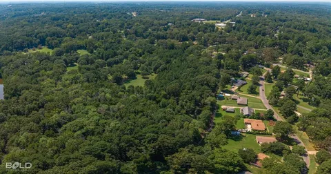 an aerial view of residential houses with outdoor space and trees
