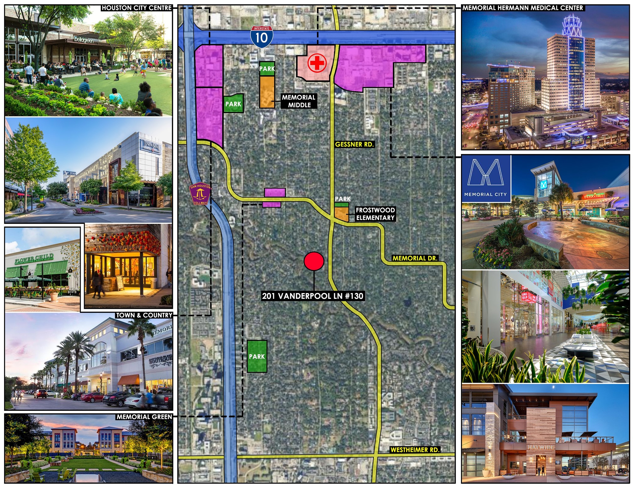 201 Vanderpool Lane, Unit 130 Houston, TX 77024 - Photo 36 of 41 This property is located in one of the most convenient areas of Houston- with easy access to I-10, the Beltway and amazing parks, shopping and dining options all within a short 10-min drive. City Centre, Town & Country, and Memorial City Mall are just a few great destinations all within reach.