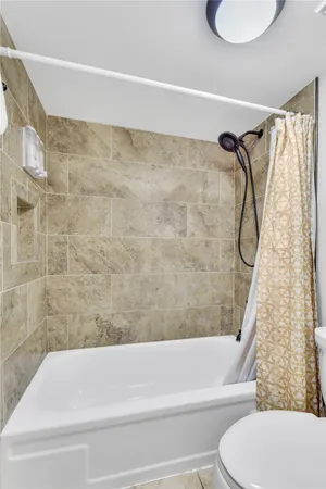 a bathroom with a toilet and a bath tub