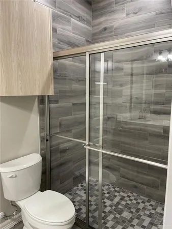 a bathroom with a toilet and a shower