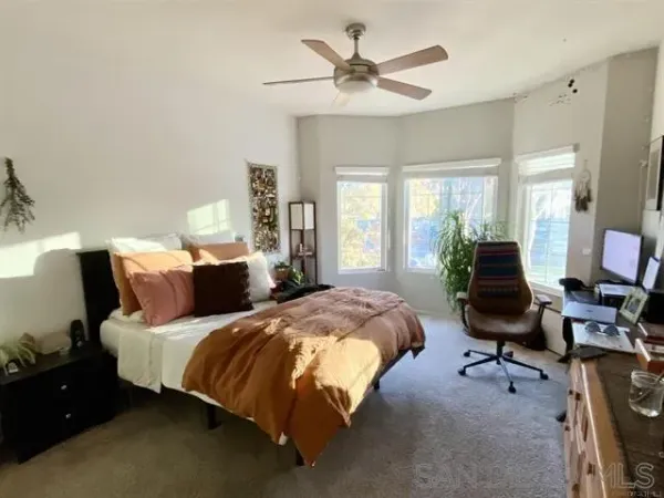 a bedroom with bed tv and window