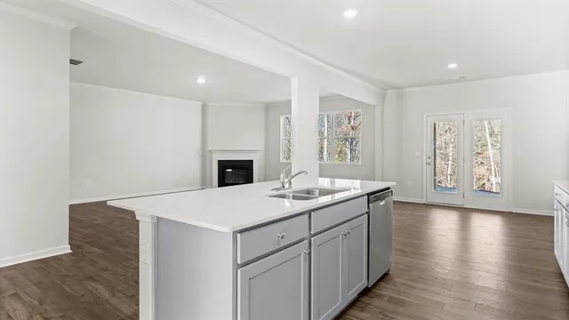 a view of cabinets a sink and dishwasher with wooden floor