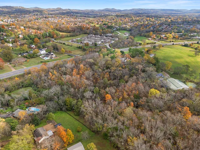 an aerial view of residential houses with outdoor space and trees