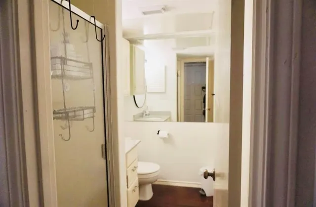 a bathroom with a shower a sink and a toilet