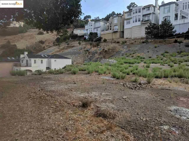a view of a dry yard with wooden fence