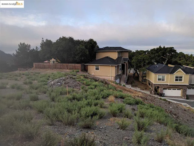 a view of a town with large trees