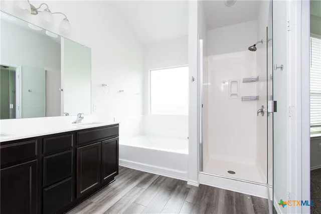a bathroom with a double vanity sink toilet and shower
