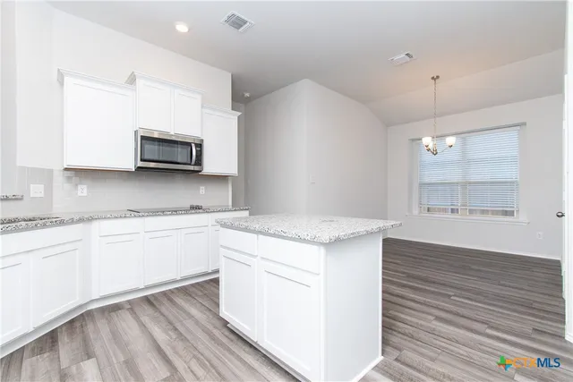 a kitchen with granite countertop cabinets stainless steel appliances and a wooden floor
