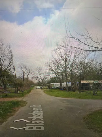 a view of a field with large trees