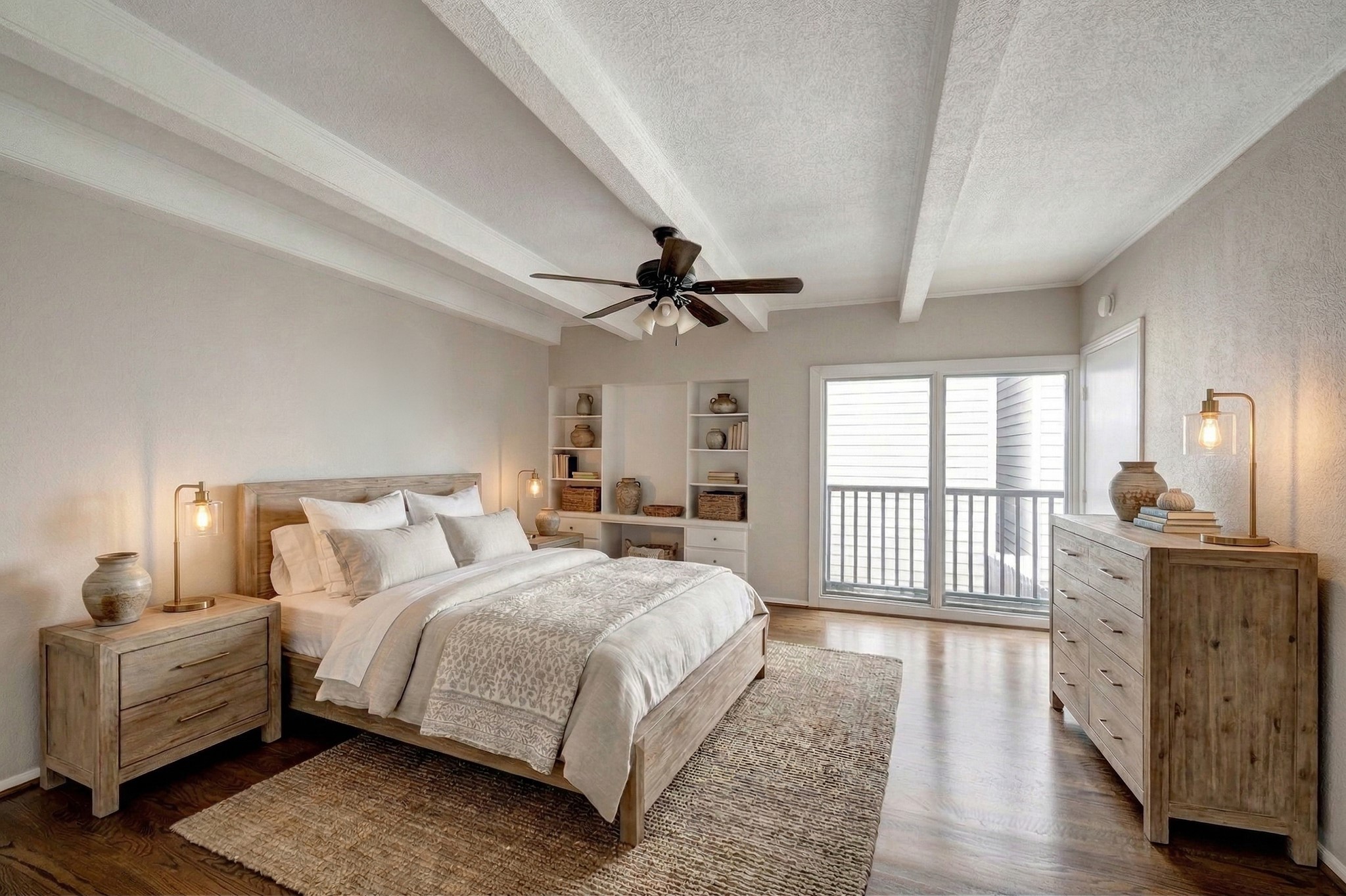 1122 Autrey Street, Unit 5 Houston, TX 77006 - Photo 12 of 32 Upstairs bedroom w /built ins. First of two large upstairs bedrooms with built in desk and shelves for work or study. Note large glass door to balcony and beautiful hardwood floors. Virtually Staged.