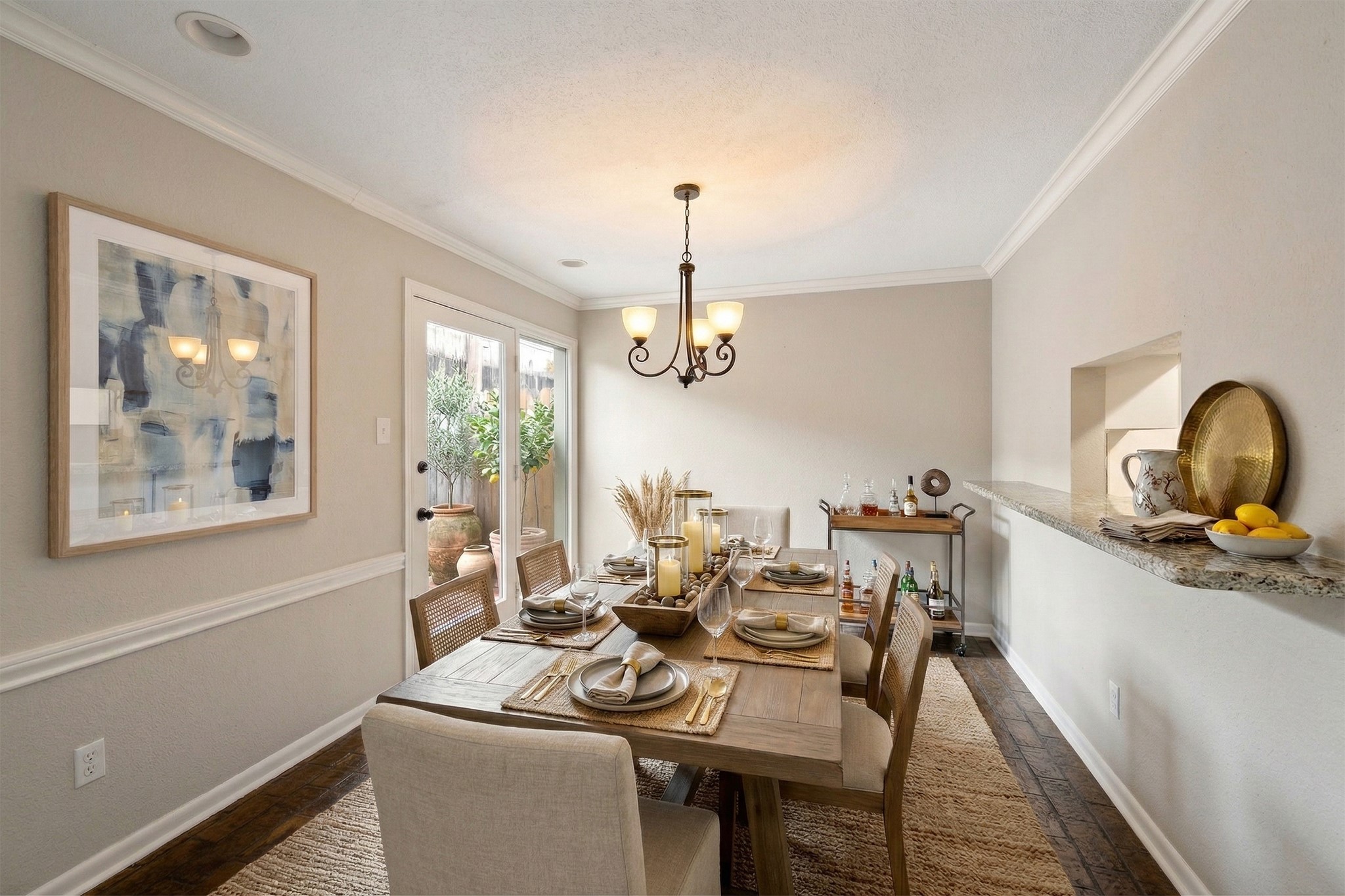 1122 Autrey Street, Unit 5 Houston, TX 77006 - Photo 8 of 32 Dining room looking from kitchen hall/door toward large glass doors that open to the lovely tiled patio. Virtually Staged.