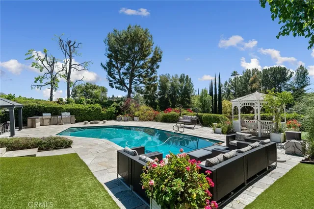 a view of yard with outdoor seating and barbeque oven