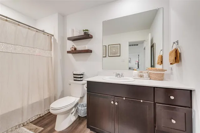a bathroom with a sink vanity and toilet