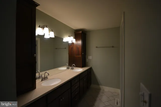 a bathroom with a double vanity sink and a mirror