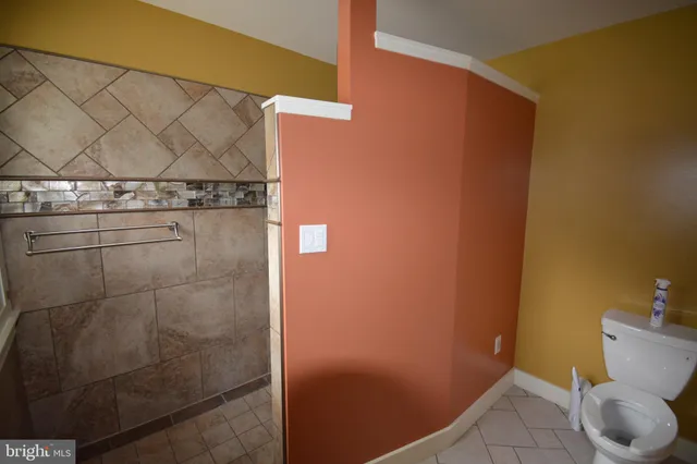 a bathroom with a toilet and shower