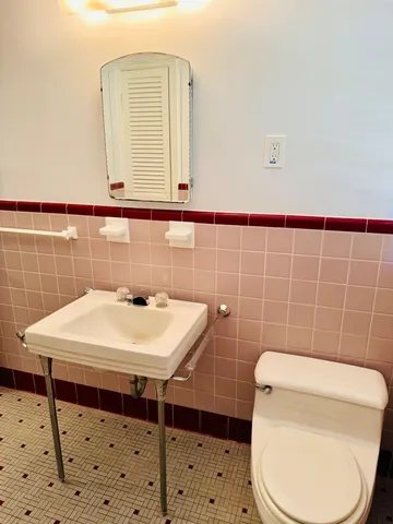 a bathroom with a sink a toilet and a mirror