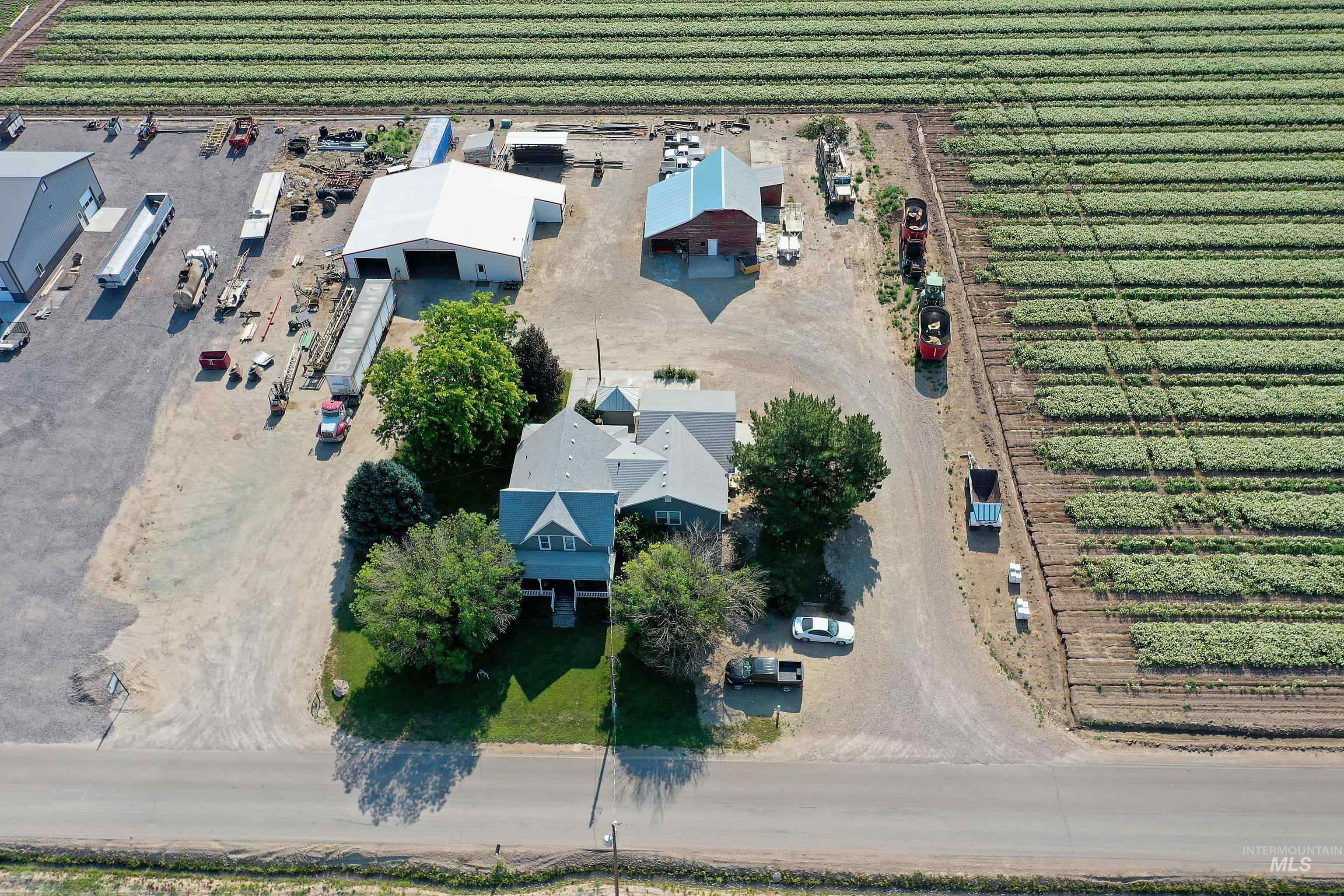 Aerial view of sparsely populated area with abundant farmland