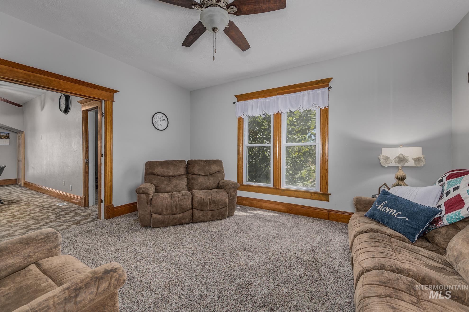 6040 Adams Road New Plymouth, ID 83655 - Photo 13 of 50 Living room with carpet floors and a ceiling fan