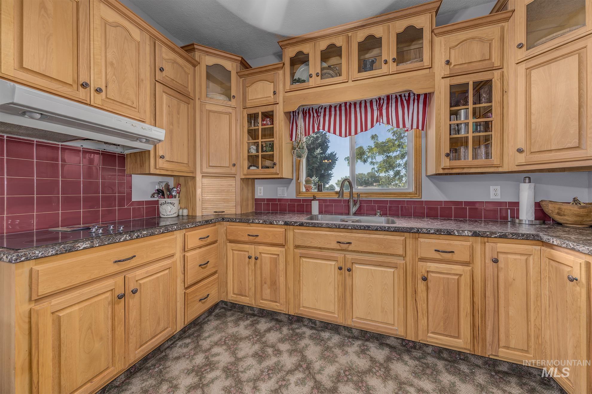 6040 Adams Road New Plymouth, ID 83655 - Photo 16 of 50 Kitchen with under cabinet range hood, glass insert cabinets, decorative backsplash, dark carpet, and black electric stovetop