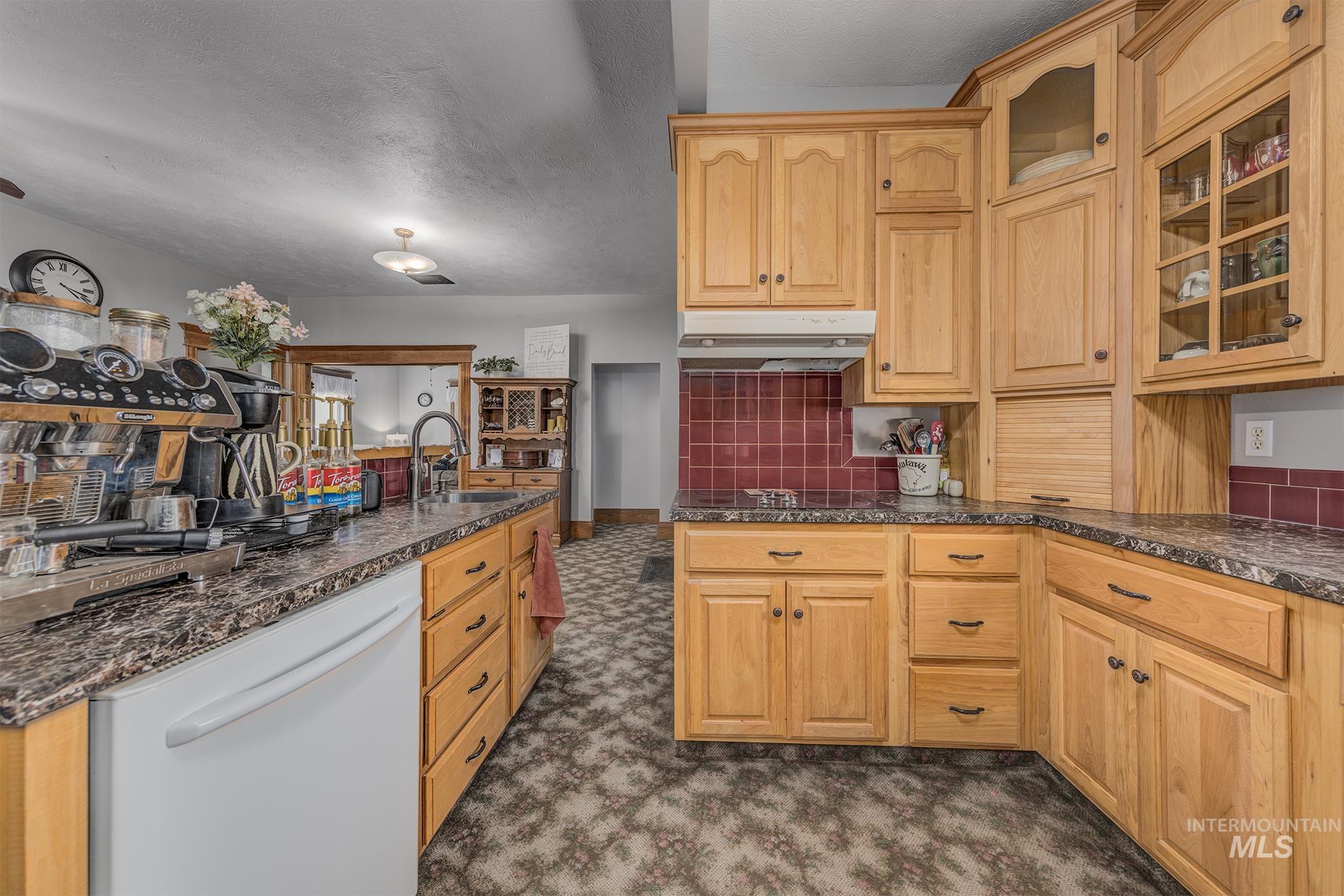 6040 Adams Road New Plymouth, ID 83655 - Photo 17 of 50 Kitchen with dishwasher, glass insert cabinets, under cabinet range hood, dark stone countertops, and backsplash
