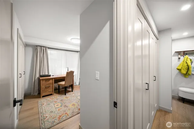 a view of a bedroom and a window