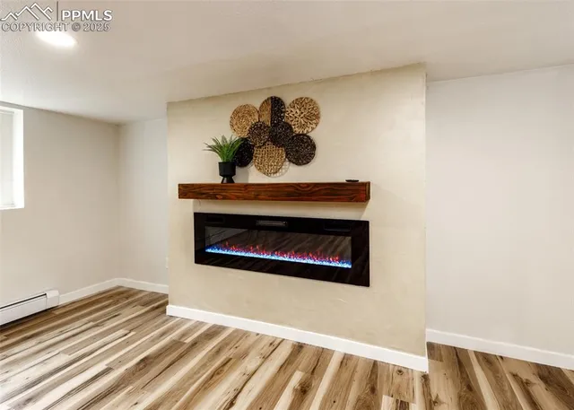 a living room with a fireplace