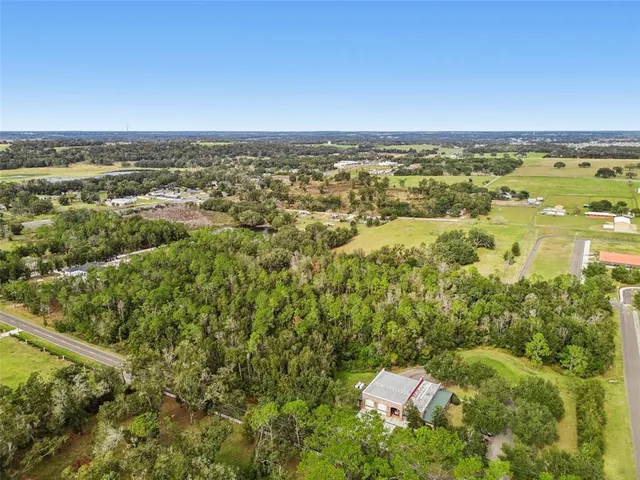 an aerial view of residential houses with outdoor space and trees