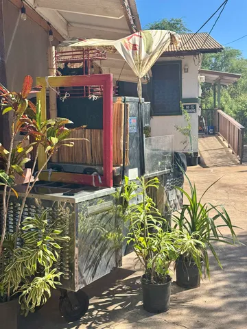 a view of a patio with table and chairs potted plants