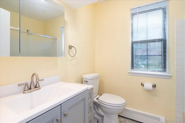 a bathroom with a sink a toilet and a mirror