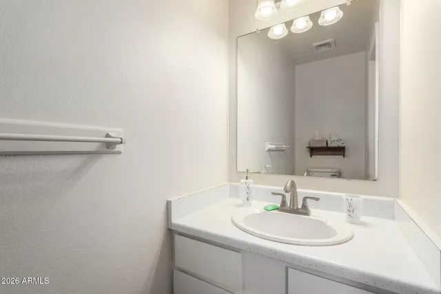 a bathroom with a sink vanity and a mirror